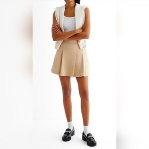 Express High Waisted Fleece Knit Pleated Mini Skort - Khaki - Size S